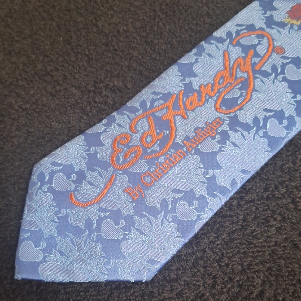 Ed Hardy Pure Silk Blue Orange Signature Tie-Embossed